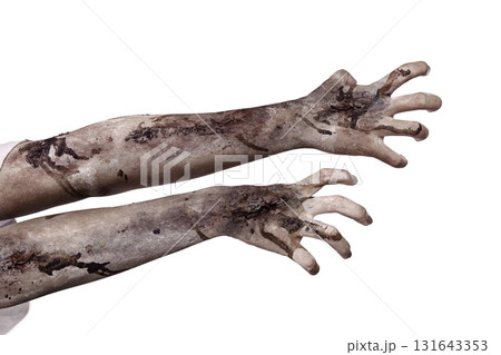 The zombies hand with wounds and blood try to reach something isolated over a white background. Zombie, devil, evil, satan, or monster hand. Concept of Halloween or Horror The zombies hand with wounds and blood try to reach something isolated over a white background. Zombie, devil, evil, satan, or monster hand. Concept of Halloween or Horror 131643353