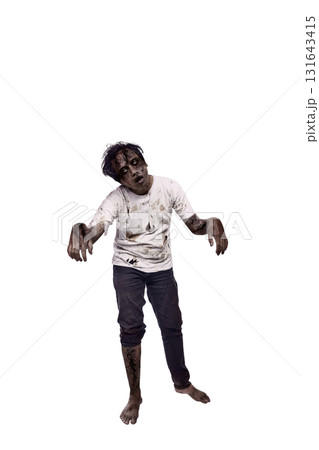 Portrait of an Indonesian southeast asian scary male zombie with a wound and blood on the body isolated over a white background. Spooky expression. Concept of Halloween or Horror Portrait of an Indonesian southeast asian scary male zombie with a wound and blood on the body isolated over a white background. Spooky expression. Concept of Halloween or Horror 131643415