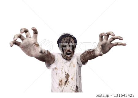 Portrait of an Indonesian southeast asian scary male zombie with a wound and blood on the body isolated over a white background. Spooky expression. Concept of Halloween or Horror 131643425