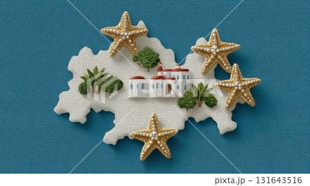 Miniature tropical island map decorated with starfish and village Miniature tropical island map decorated with starfish and village 131643516