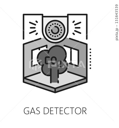 Home security gas detector color line icon or label. Property protection alarm technology outline vector sign, home security company pictogram. Safety system symbol with room and CO2 gas sensor Home security gas detector color line icon or label. Property protection alarm technology outline vector sign, home security company pictogram. Safety system symbol with room and CO2 gas sensor 131643539
