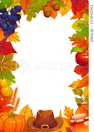 Thanksgiving Day frame for autumn holiday harvest celebration. Cartoon fall leaves frame with Thanksgiving holiday pilgrim hat, ripe apple, pumpkin and grapes, forest tree leaves and oak acorn borders 131643561