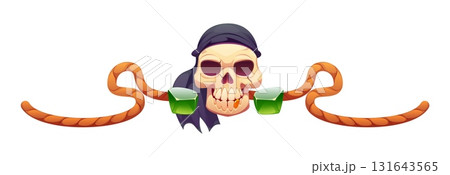 Cartoon pirate divider featuring a grinning skull in a black bandana, flanked by curved orange ropes and large green gemstones, bold and adventurous marine corsair border frame, piracy decoration 131643565