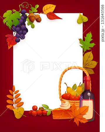 Happy Thanksgiving banner with autumn harvest vector frame of cartoon oak acorn, fall tree leaves, grapes, cranberry and basket filled with fruits, pumpkin pie and wine. Thanksgiving holiday banner 131643566