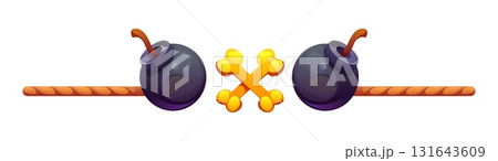Cartoon marine and nautical divider, pirate and corsair border frame, piracy decoration featuring two black cannon balls, gold crossbones and ropes. Isolated vector maritime rover decorative element 131643609