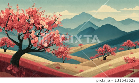 Vibrant Spring Landscape with Cherry Blossom Trees and Mountains 131643628