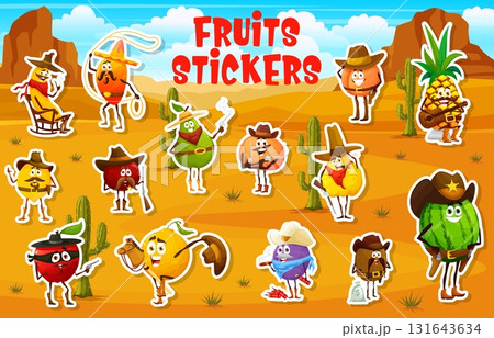 Cartoon cowboy and bandit fruit characters stickers pack. Vector western apple, banana, pear, pineapple, lemon and orange. Plum, peach, watermelon with hats, guns, boots, lassos, in a desert landscape 131643634