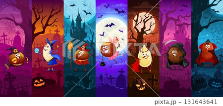 Funny nut Halloween characters with spooky graveyard and haunted castle background. Cartoon vector festive collage with nuts and seeds in costumes of witch, wizard, vampire, devil, fairy, grim reaper 131643641
