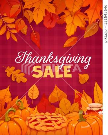 Thanksgiving sale poster with big orange pumpkins, pie with lattice crust and honey jar, maple, oak and birch autumn fall leaves vector borders. Thanksgiving autumn holiday seasonal sales offer banner 131643646