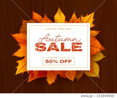 Autumn sale banner with decorative fall season foliage border and square white frame, vector ad poster. Autumn sale discount offer banner for shop promotion in fall season with maple and oak leaves 131643650