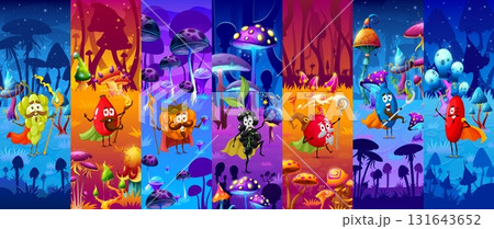 Halloween wizards sorcerers and mages of grape, pumpkin, cranberry and blueberry, vector characters. Cartoon giant mushrooms in mystical fairy forest with berry wizards for Halloween horror holiday 131643652