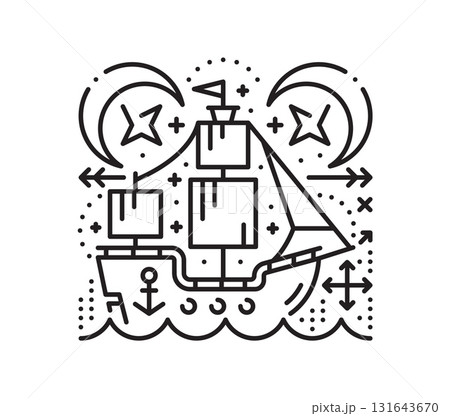 Pirate caravel sailing ship esoteric line symbol. Filibuster marine sacred outline vector print, buccaneer nautical tarot thin line symbol. Pirate esoteric sign with ancient sailing ship or vessel 131643670