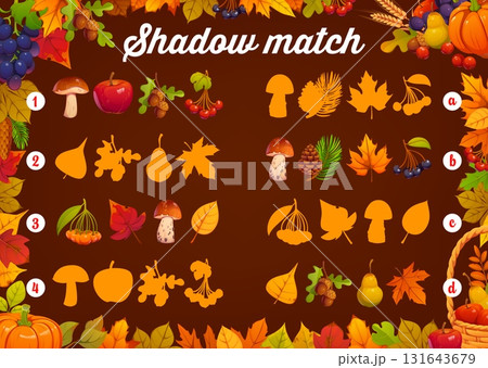 Happy Thanksgiving day shadow match game worksheet with fall leaves, fruits, mushrooms, and nuts. Cartoon vector festive riddle for kids education or seasonal activity with forest harvest and plants Happy Thanksgiving day shadow match game worksheet with fall leaves, fruits, mushrooms, and nuts. Cartoon vector festive riddle for kids education or seasonal activity with forest harvest and plants 131643679