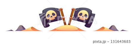Pirate divider with crossed skull flags on a sandy hill and rocky background. Marine and nautical corsair border frame, piracy decorations for pirate maps, treasure hunts, or seafaring adventures 131643683