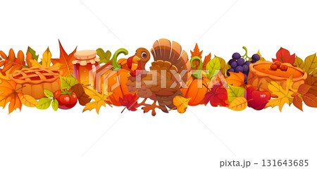 Thanksgiving harvest festive border frame with funny turkey, pumpkin pie and apples, vector banner. Thanksgiving Day harvest grapes with honey jar and autumn fall leaves frame with turkey character Thanksgiving harvest festive border frame with funny turkey, pumpkin pie and apples, vector banner. Thanksgiving Day harvest grapes with honey jar and autumn fall leaves frame with turkey character 131643685