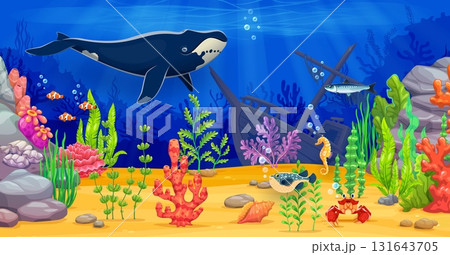 Game background with wooden sunken ship, whale and sea animals. Cartoon vector ocean floor underwater landscape thrives with fishes, coral, rocks and plant life, shipwreck boat stuck in sandy bottom Game background with wooden sunken ship, whale and sea animals. Cartoon vector ocean floor underwater landscape thrives with fishes, coral, rocks and plant life, shipwreck boat stuck in sandy bottom 131643705