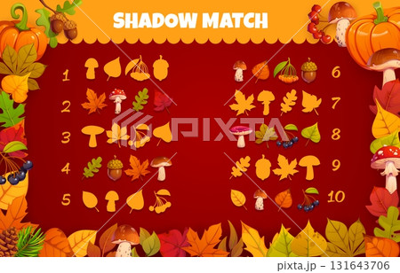 Shadow match game with autumn fall leaves, acorns, season berries and mushrooms, vector educational worksheet. Kids game quiz or puzzle to match shadow of autumn leaves and mushrooms or berries Shadow match game with autumn fall leaves, acorns, season berries and mushrooms, vector educational worksheet. Kids game quiz or puzzle to match shadow of autumn leaves and mushrooms or berries 131643706