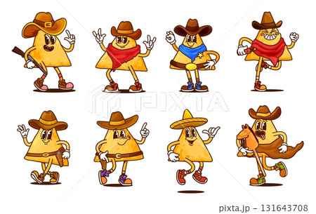 Cartoon groovy mexican nachos chips cowboy characters. Cute hippie corn tortilla snack food vector personages of retro groovy mexican nachos with Wild West cowboy hats, Western sheriff or bandit guns Cartoon groovy mexican nachos chips cowboy characters. Cute hippie corn tortilla snack food vector personages of retro groovy mexican nachos with Wild West cowboy hats, Western sheriff or bandit guns 131643708