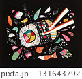 A single large sushi roll sits next to chopsticks, its colorful layers popping against a black background. Close-up illustration of an elegant Japanese dish in a simple style. AI-generated 131643792