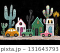 Three small cars sit parked on a quiet street lined with houses and cacti. A cute cartoon town  under a dark night sky. AI-generated illustration 131643793