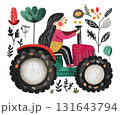 A woman sits alone on a big tractor, surrounded by plants and flowers in a quiet field. A dreamy lady works at a farm, operating heavy machinery. AI-generated illustration 131643794