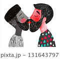 Two bearded men share a gentle kiss, eyes closed, their faces touching in a quiet moment of love. A close-up portrait shows a romantic connection between two male partners. AI-generated illustration 131643797