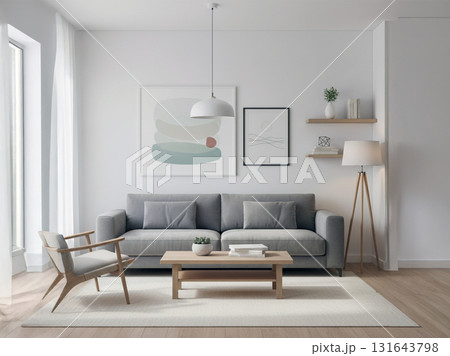 Modern Minimalist Living Room Interior Design with Cozy Sofa and Natural Light 131643798
