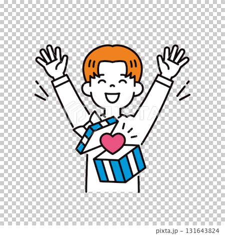 抽選に当たって喜ぶ、若い男性のシンプルな上半身ベクターイラスト素材＿ハート 131643824