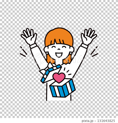 プレゼントを貰って感激する、若い女性のシンプルな上半身ベクターイラスト素材＿ハート 131643825