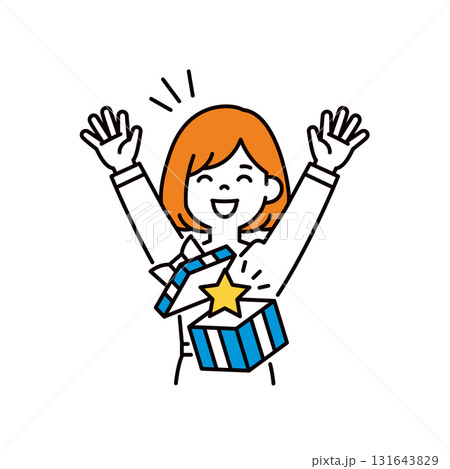 ギフトが当たってバンザイする、20代・30代の女性のシンプルな上半身ベクターイラスト素材＿星 131643829