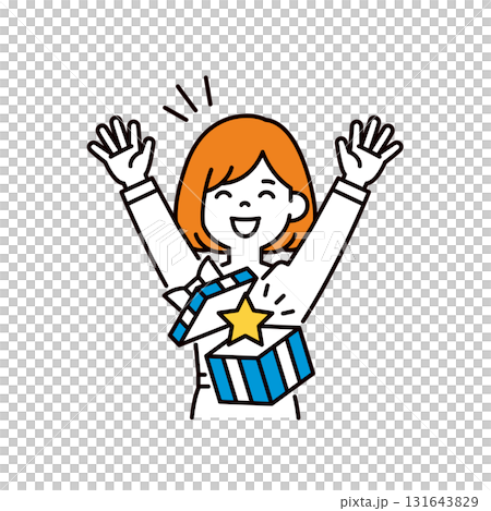 ギフトが当たってバンザイする、20代・30代の女性のシンプルな上半身ベクターイラスト素材＿星 131643829