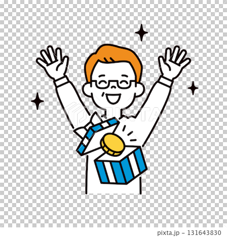 一個簡單的上身向量插圖，描繪了一位老人高興地贏得積分 — — 硬幣 131643830