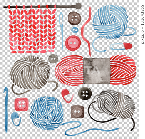 A watercolor illustration depicting crochet and knitting. A set of balls of yarn and knitting accessories. A watercolor illustration depicting crochet and knitting. A set of balls of yarn and knitting accessories. 131643855
