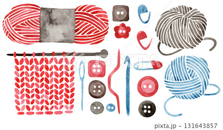 A watercolor illustration depicting crochet and knitting. A set of balls of yarn and knitting accessories. 131643857