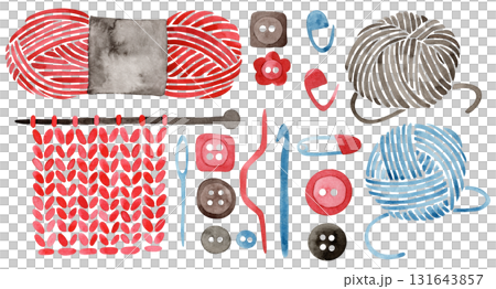 A watercolor illustration depicting crochet and knitting. A set of balls of yarn and knitting accessories. A watercolor illustration depicting crochet and knitting. A set of balls of yarn and knitting accessories. 131643857