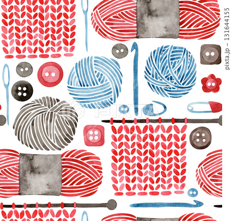 Seamless pattern with knitting and crochet tools. Yarn skeins. Watercolor illustration. 131644155