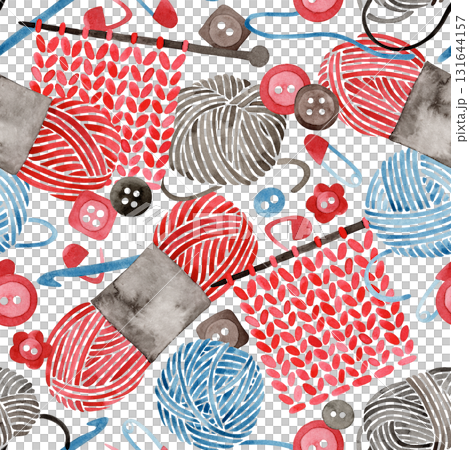 Seamless pattern with knitting and crochet tools. Yarn skeins. Watercolor illustration. Seamless pattern with knitting and crochet tools. Yarn skeins. Watercolor illustration. 131644157