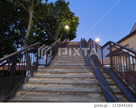 The staircase leading up, deserted at dusk surrounded by a tree, is beautiful and atmospheric The staircase leading up, deserted at dusk surrounded by a tree, is beautiful and atmospheric 131644163