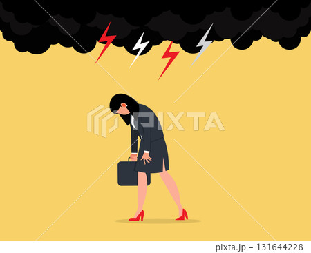 Discourage or depression. Frustrated businesswoman walking in thunderstorm Discourage or depression. Frustrated businesswoman walking in thunderstorm 131644228