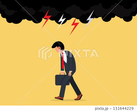 Failure feeling bad or difficulty. Frustrated businesswoman walking in thunderstorm Failure feeling bad or difficulty. Frustrated businesswoman walking in thunderstorm 131644229