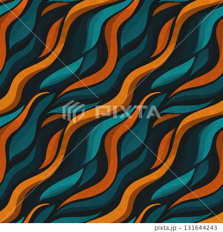 Retro Wavy Organic Pattern in Steely Blue Green and Burnt Orange Abstract Seamless Wallpaper 131644243