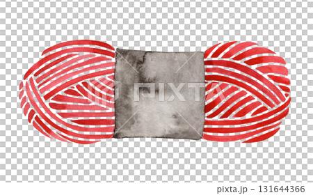 Watercolor illustration of a crochet pattern featuring a red ball of yarn. 131644366