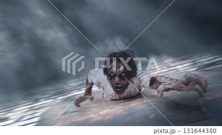 Indonesian southeast asian scary male zombie with a wound and bloody crawling in an abandoned building. The scene is scary and creepy. Dramatic smoke or fog effect. Concept of Spooky Halloween 131644380