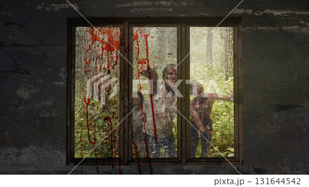 Three Indonesian southeast asian scary male zombies with wounds and bloody haunted behind the old wooden window on the grungy wall. The scene is scary and creepy. Concept of Spooky Halloween Three Indonesian southeast asian scary male zombies with wounds and bloody haunted behind the old wooden window on the grungy wall. The scene is scary and creepy. Concept of Spooky Halloween 131644542