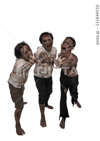 Portrait of three Indonesian southeast asian scary male zombies with wounds and blood on their bodies isolated over a white background. Spooky expression. Concept of Halloween or Horror Portrait of three Indonesian southeast asian scary male zombies with wounds and blood on their bodies isolated over a white background. Spooky expression. Concept of Halloween or Horror 131644550