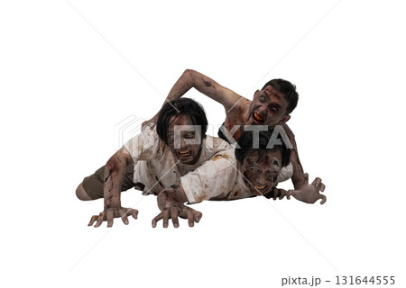 Portrait of three Indonesian southeast asian scary male zombies with wounds and blood on their bodies isolated over a white background. Spooky expression. Concept of Halloween or Horror Portrait of three Indonesian southeast asian scary male zombies with wounds and blood on their bodies isolated over a white background. Spooky expression. Concept of Halloween or Horror 131644555