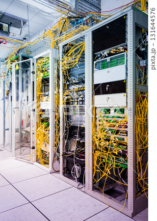 servers with connected fiber optic cables 131644576