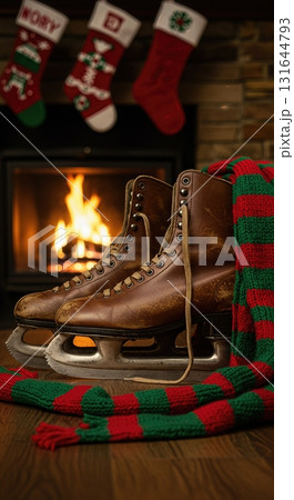 Vintage Leather Ice Skates by a Cozy Fireplace with Christmas Stockings Vintage Leather Ice Skates by a Cozy Fireplace with Christmas Stockings 131644793