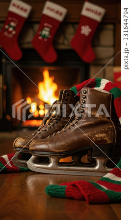 Vintage Leather Ice Skates by a Cozy Fireplace with Christmas Stockings Vintage Leather Ice Skates by a Cozy Fireplace with Christmas Stockings 131644794