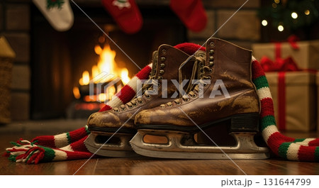 Vintage Leather Ice Skates by a Cozy Fireplace with Christmas Stockings Vintage Leather Ice Skates by a Cozy Fireplace with Christmas Stockings 131644799